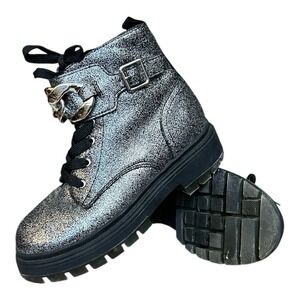 NINA Girls Glitter Combat Boots Size 13 Silver Metallic Ankle Lug Sole Chain